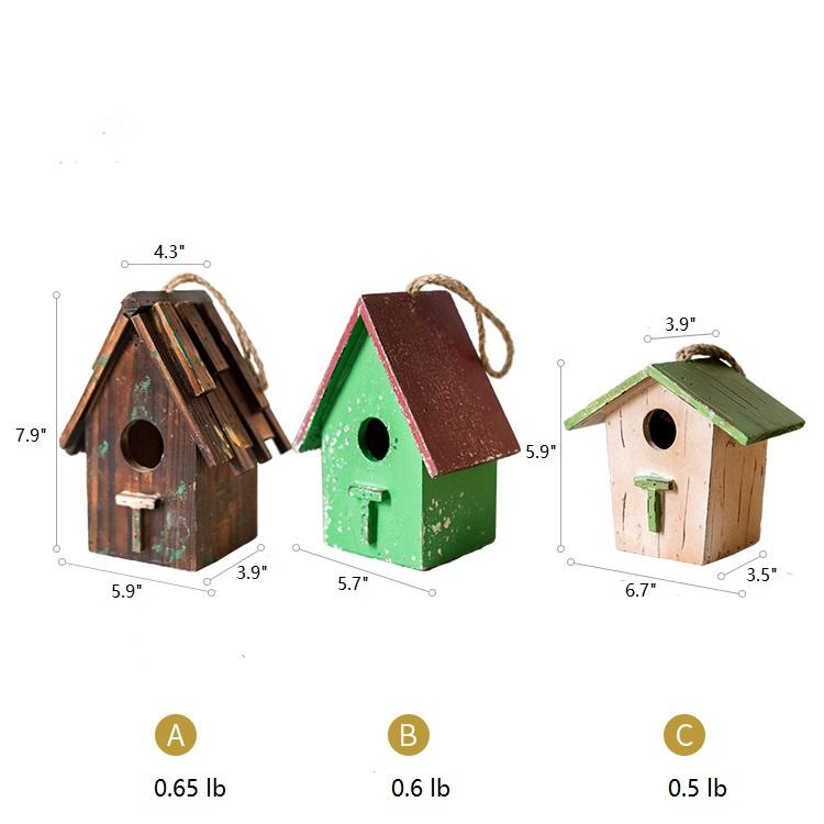 Wood Craft Bird's House Ornament trio in brown distressed, green, natural with rope hangers on Tampa Home & Garden Store