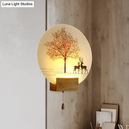 Wood deer tree mural LED wall lamp with pull chain, warm glow, wooden base by Decorbites on Tampa Home & Garden Store