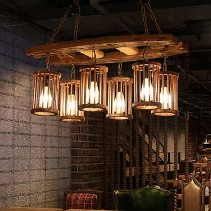 Wood Industrial Island Light pendant chandelier with six cage-style wooden lanterns on Tampa Home & Garden Store
