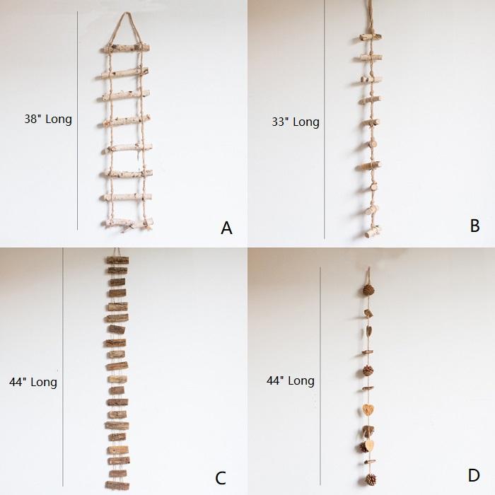 Wood String Ornament set with four hanging designs ladders, beads, wood slices, and coin garland on Tampa Home & Garden Store