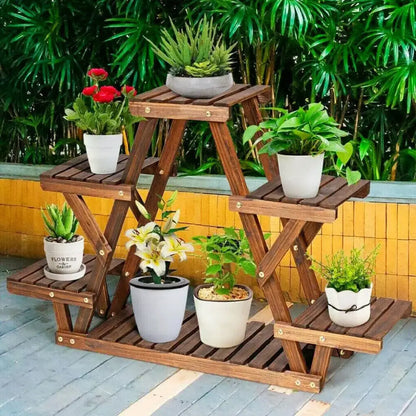 Triangular brown wooden plant stand living room folding shelves