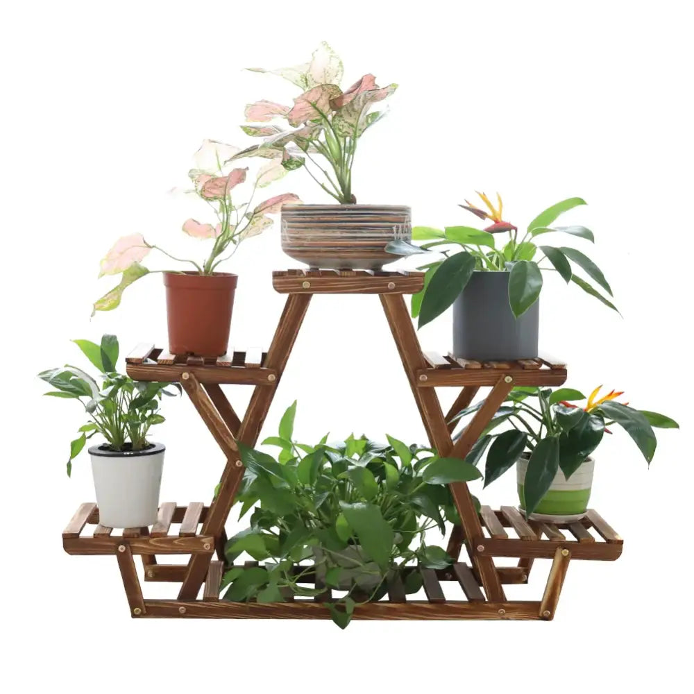 Triangular brown wooden plant stand living room folding shelves