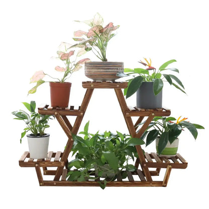Triangular brown wooden plant stand living room folding shelves