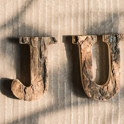 Wooden alphabet letters J and U with rustic bark texture RusticReach on Tampa Home & Garden Store