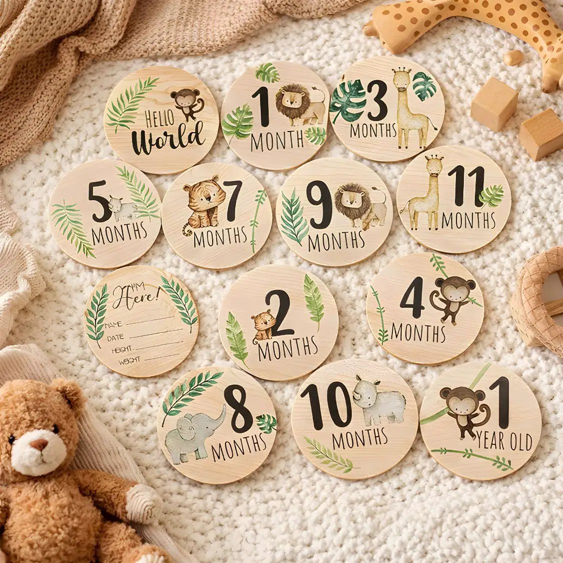 Wooden milestone cards Safari Jungle set by Little Treasures, 7 double-sided monthly props on Tampa Home & Garden Store