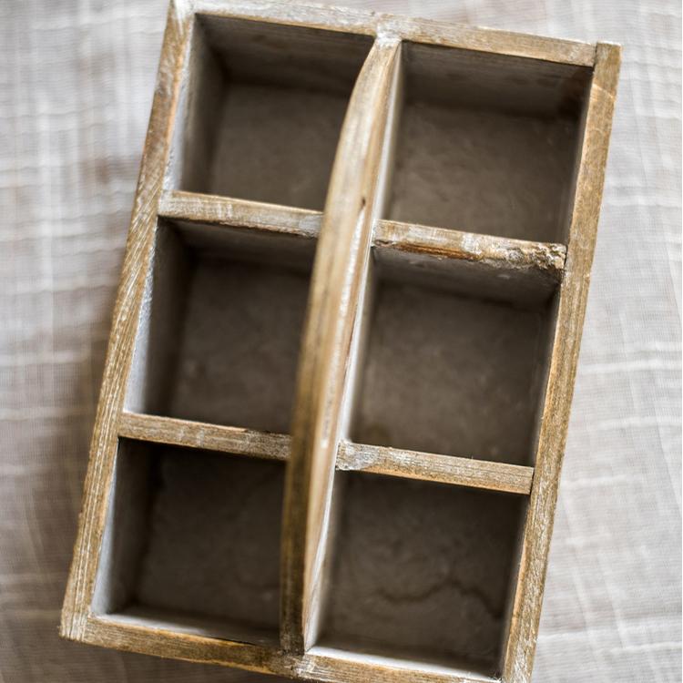 Wooden box basket with carry handle, natural wood finish, six-compartment organizer on Tampa Home & Garden Store