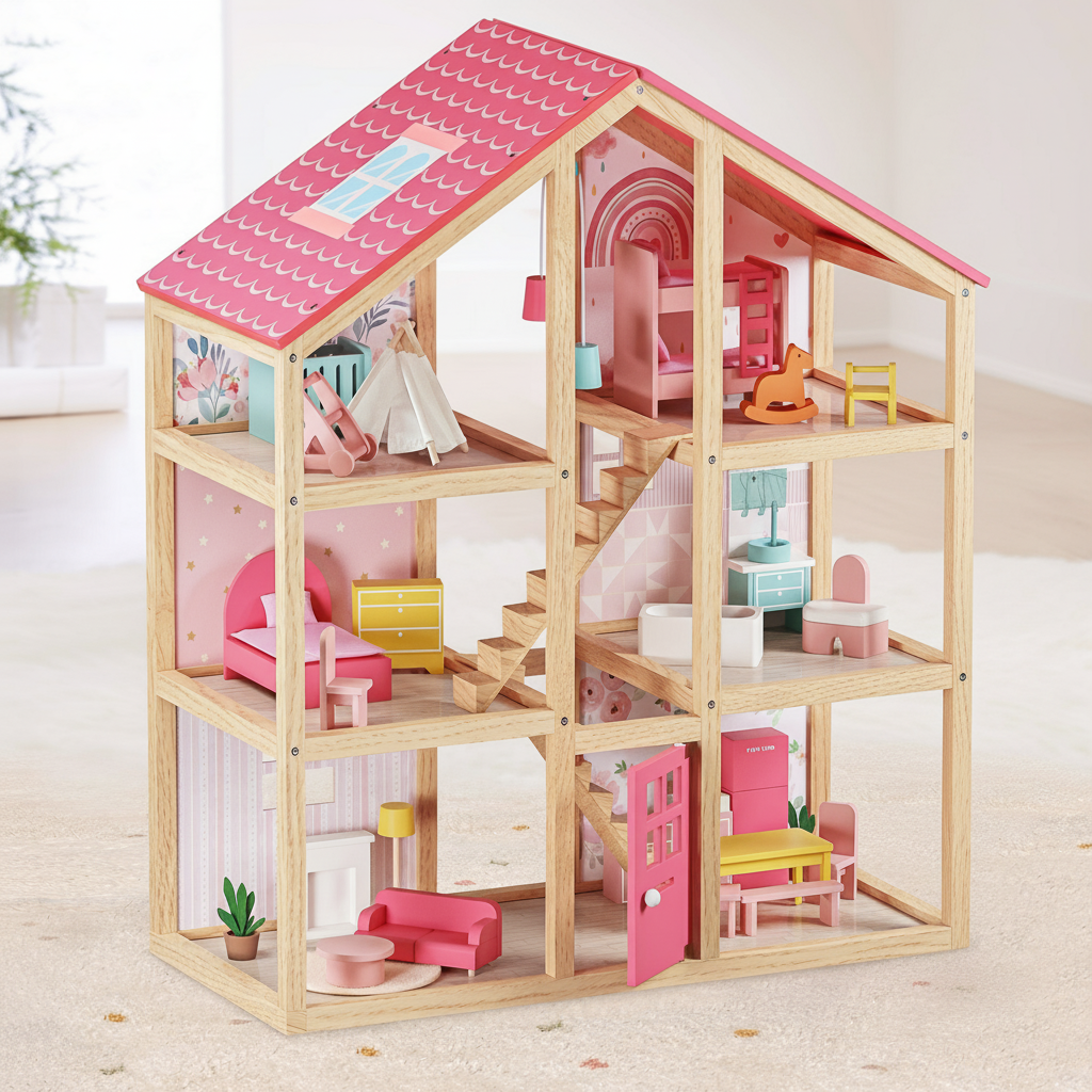 Tiny Land Sweetwood Dollhouse by Tiny Land INC, wooden 3-story dollhouse with pink roof without dolls on Tampa Home & Garden Store