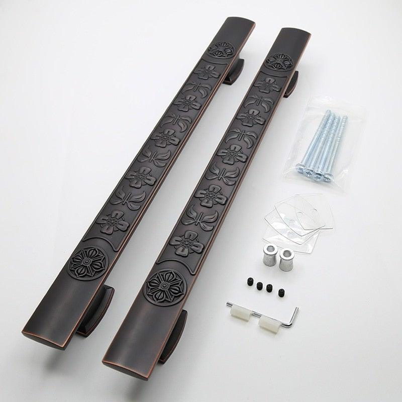 Door handle pair Stevvex black wooden with floral panels, barn pull style includes screws on Tampa Home & Garden Store