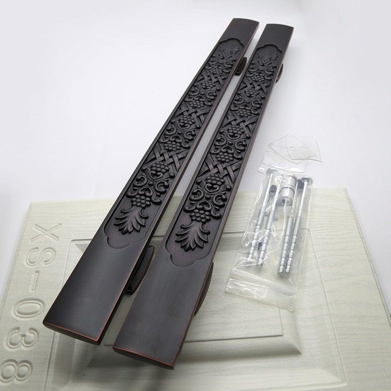 Black wooden door pull handles pair with carved floral panels Stevvex screws included on Tampa Home & Garden Store