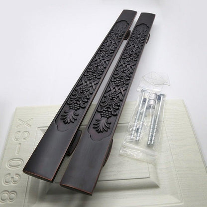 Black wooden door pull handles pair with carved floral panels Stevvex screws included on Tampa Home & Garden Store