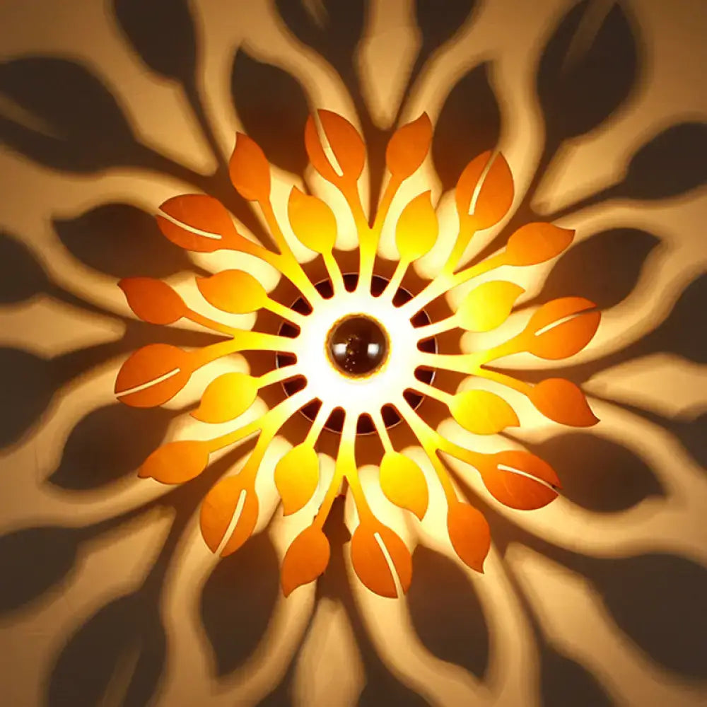 Wooden Floral Wall Sconce: Simple Style, 1 Head Beige Lighting Fixture for Bedroom