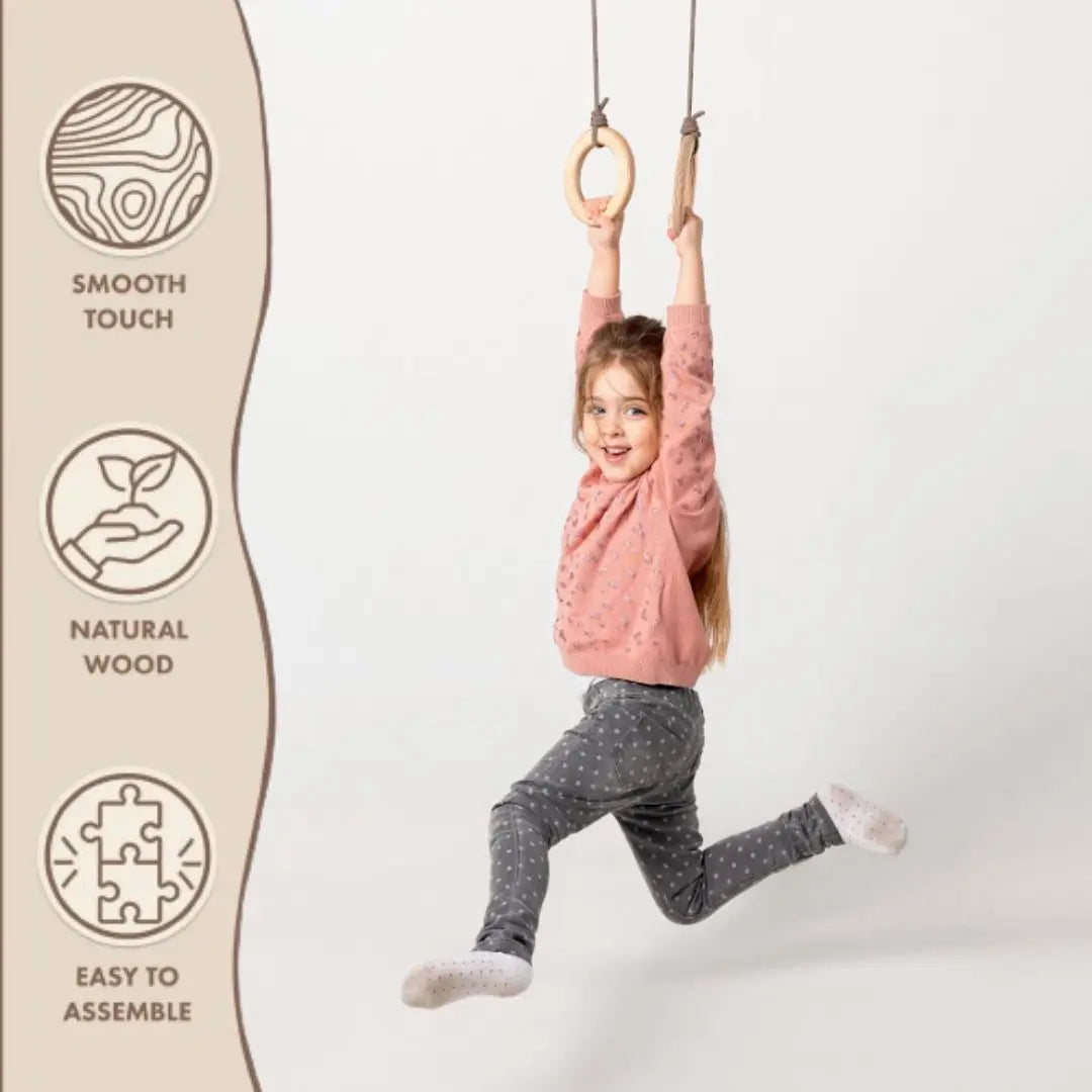 Wooden gymnastic rings for kids Goodevas single swing in natural wood with rope on Tampa Home & Garden Store