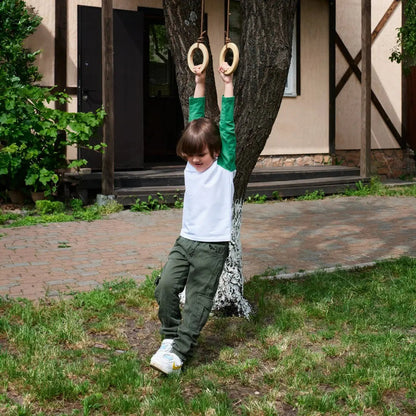 Wooden gymnastic rings for kids single swing by Goodevas hanging from tree on Tampa Home & Garden Store