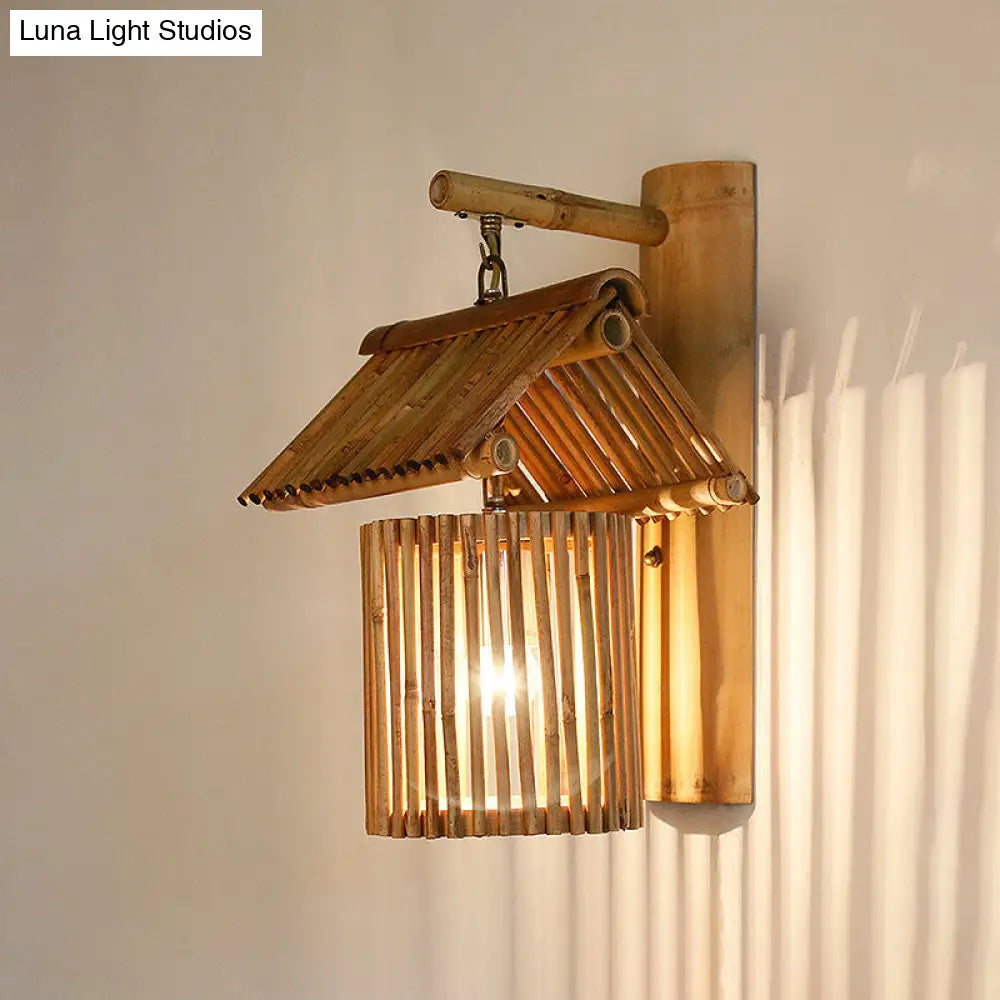 Aplique de pared en forma de casa de madera - Lámpara de bambú estilo rústico para balcón