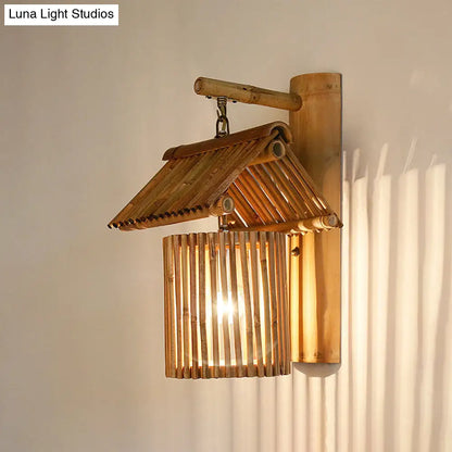 Aplique de pared en forma de casa de madera - Lámpara de bambú estilo rústico para balcón