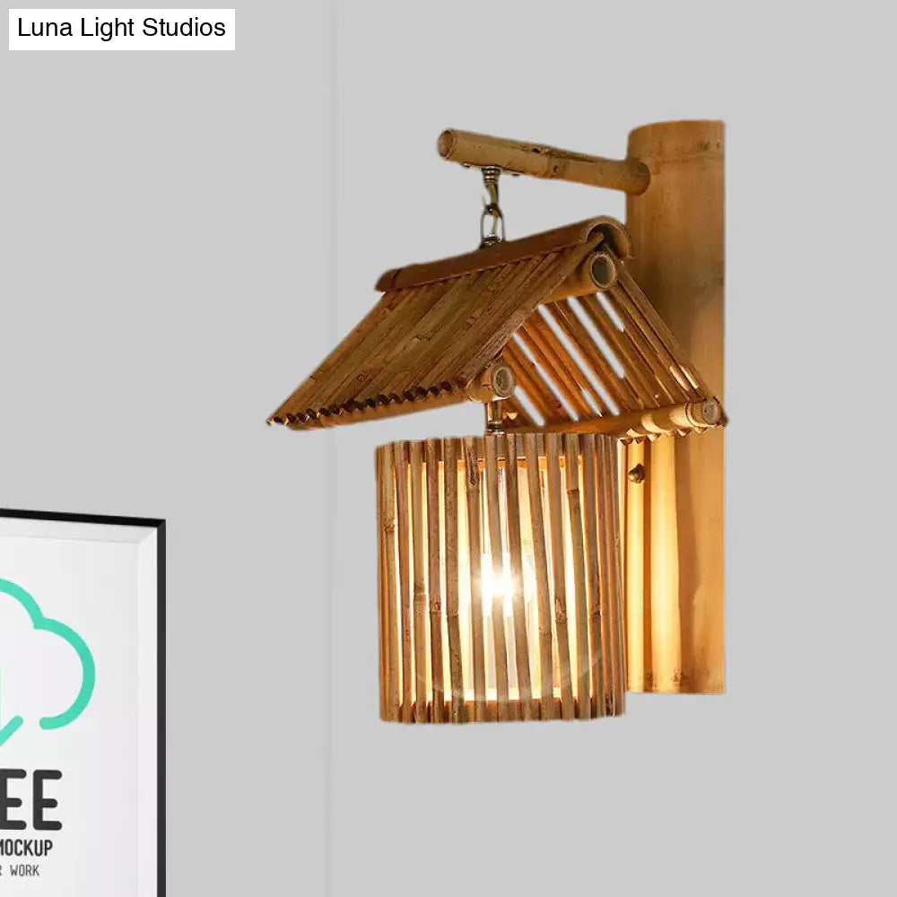 Aplique de pared en forma de casa de madera - Lámpara de bambú estilo rústico para balcón
