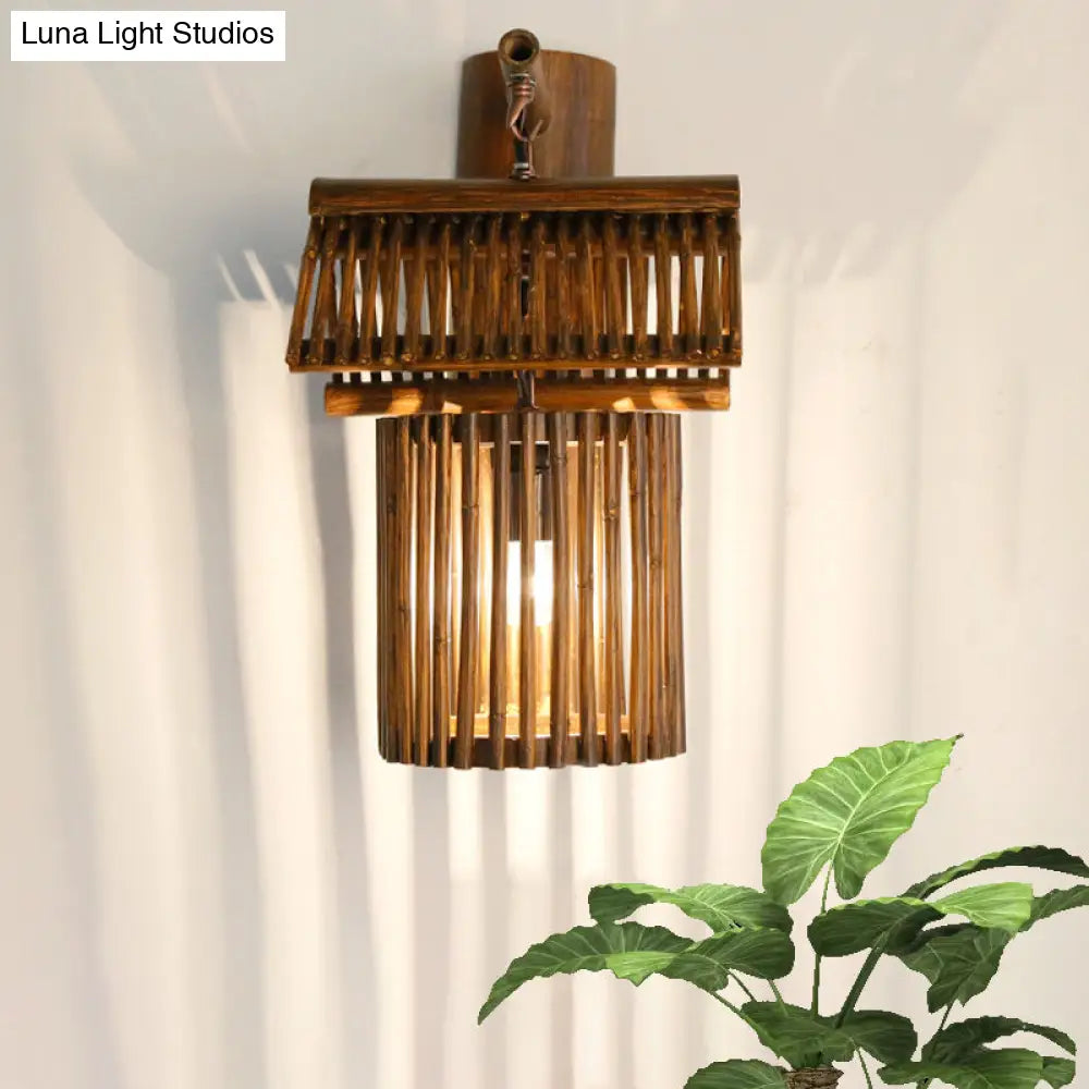 Aplique de pared en forma de casa de madera - Lámpara de bambú estilo rústico para balcón