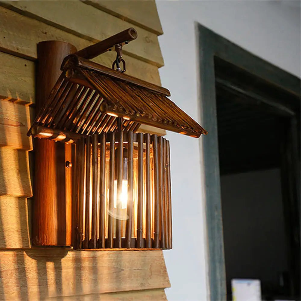 Aplique de pared en forma de casa de madera - Lámpara de bambú estilo rústico para balcón