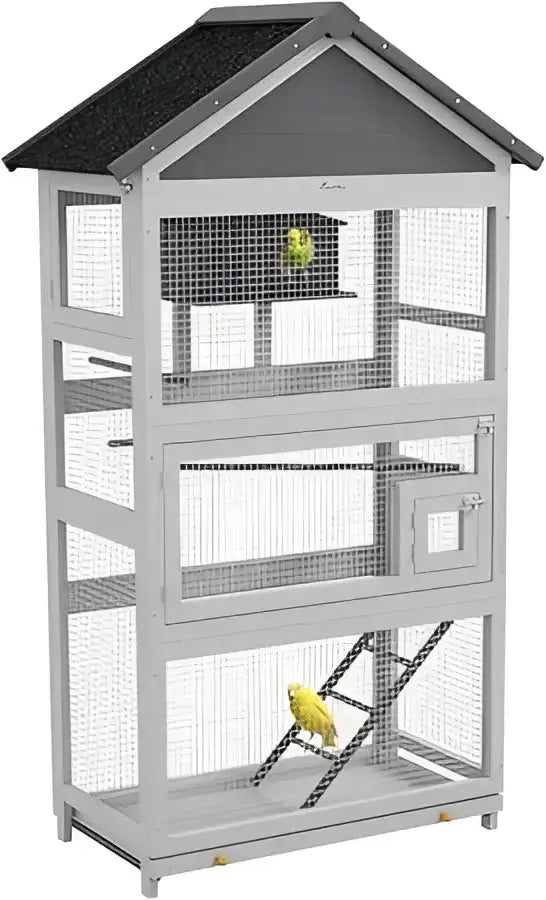 Modern gray wooden bird aviary multi-level outdoor cage Decorbites mesh sides and roofed top on Tampa Home & Garden Store