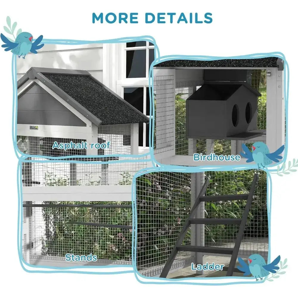 Modern gray wooden bird aviary multi level outdoor cage 4-piece set asphalt roof birdhouse ladder on Tampa Home & Garden Store