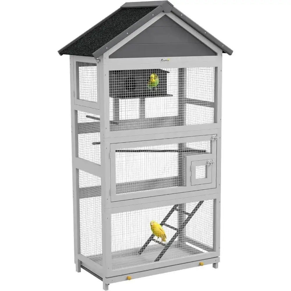 Modern gray wooden bird aviary by Decorbites, multi-level outdoor cage with mesh panels on Tampa Home & Garden Store