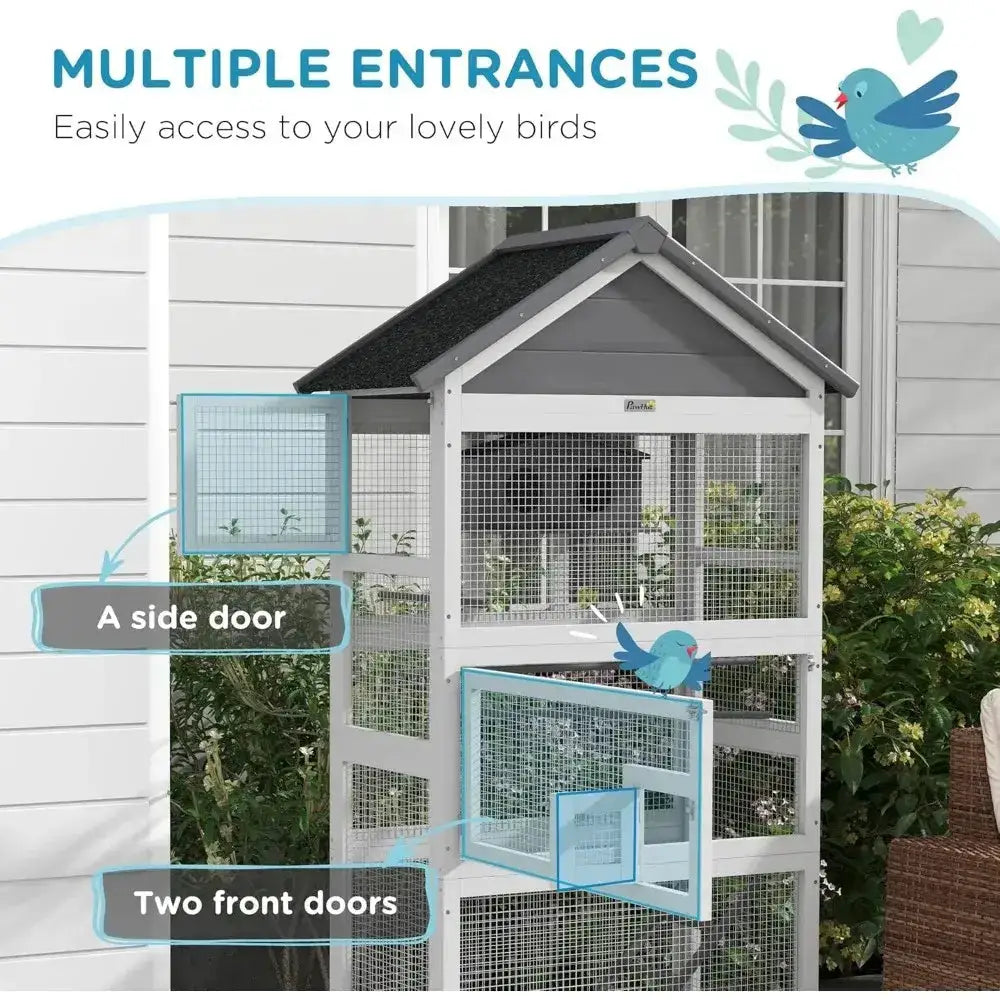 Modern gray wooden bird aviary, multilevel garden cage with wire mesh, two front doors Decorbites on Tampa Home & Garden Store