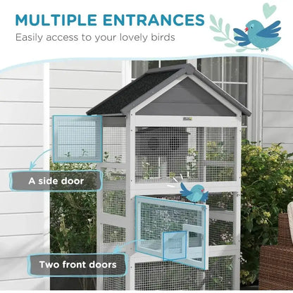 Modern gray wooden bird aviary, multilevel garden cage with wire mesh, two front doors Decorbites on Tampa Home & Garden Store