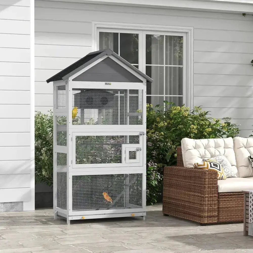 Modern gray wooden bird aviary, multi-level outdoor cage with wire mesh, Decorbites on Tampa Home & Garden Store