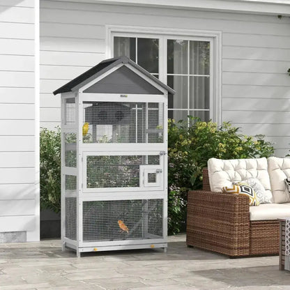 Modern gray wooden bird aviary, multi-level outdoor cage with wire mesh, Decorbites on Tampa Home & Garden Store