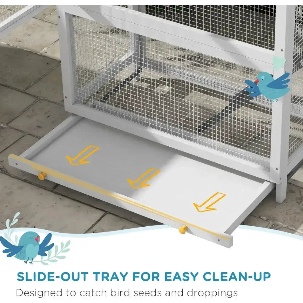 Decorbites gray wooden bird aviary, multi-level outdoor cage with slide-out tray on Tampa Home & Garden Store