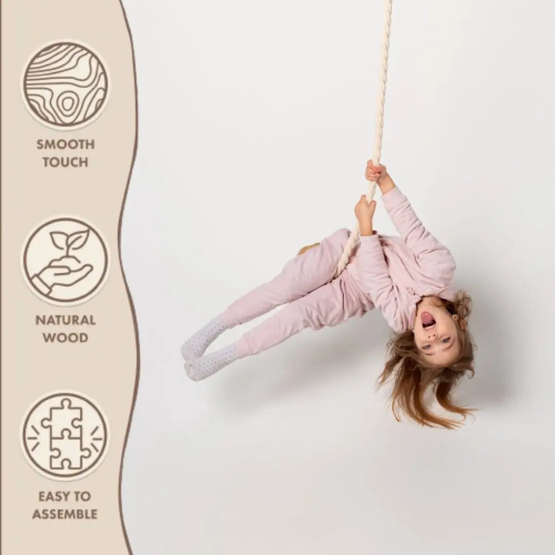 Single wooden rope swing for kids by Goodevas, natural wood rope, easy to assemble on Tampa Home & Garden Store