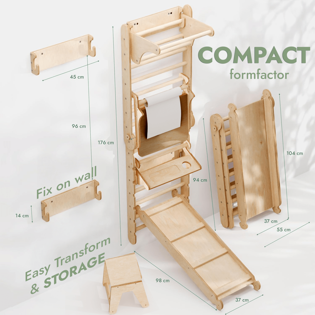 Wooden Swedish wall climbing ladder by Goodevas with slide board and art add-on on Tampa Home & Garden Store