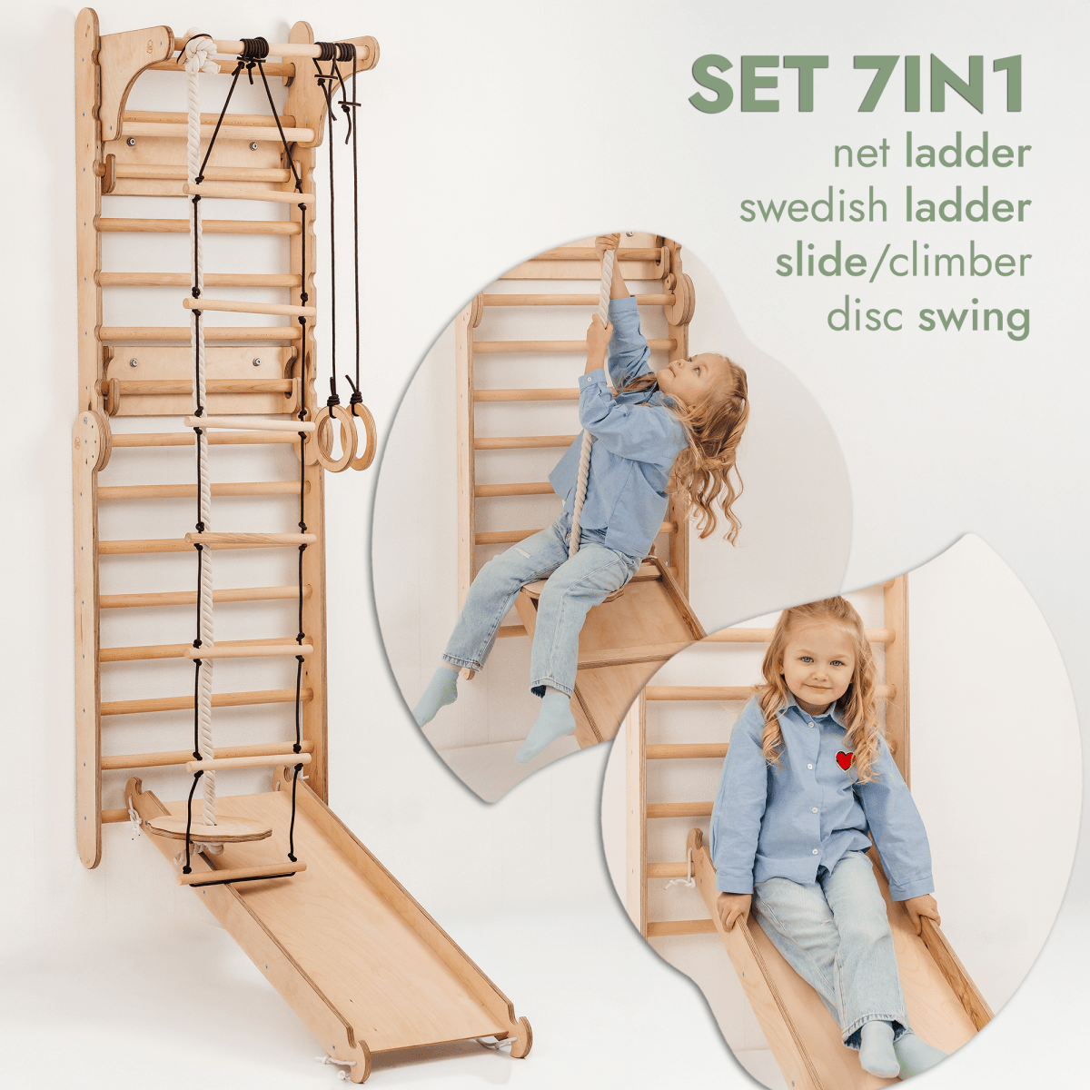 Goodevas wooden Swedish wall climbing ladder with rope, rings, and slide board on Tampa Home & Garden Store