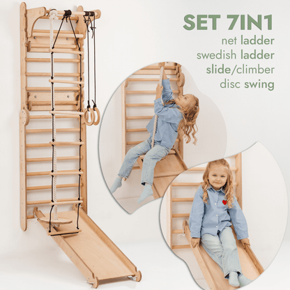 Goodevas wooden Swedish wall climbing ladder with rope, rings, and slide board on Tampa Home & Garden Store