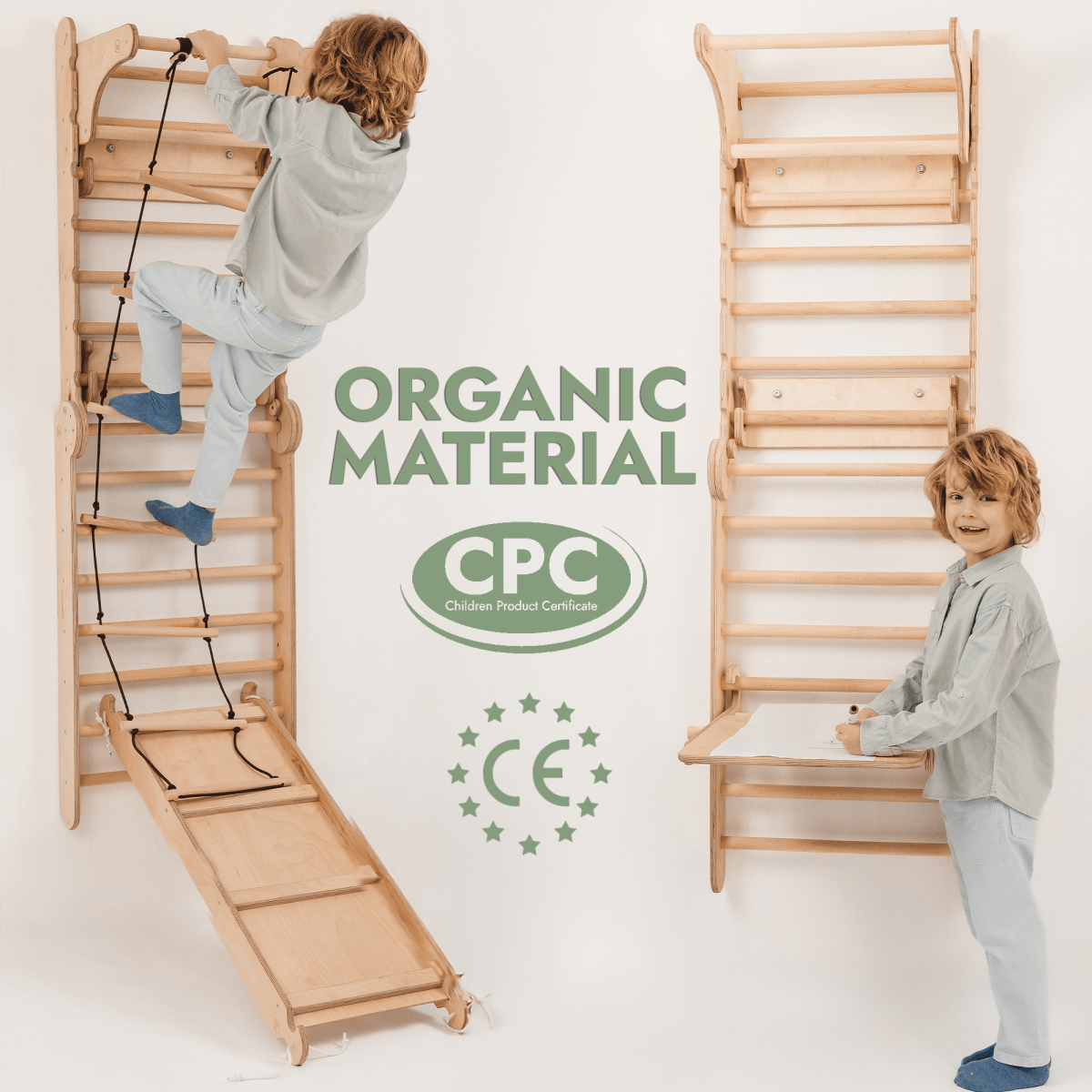 Two wooden Swedish wall climbing ladders for children with slide board and art add-on CPC CE on Tampa Home & Garden Store