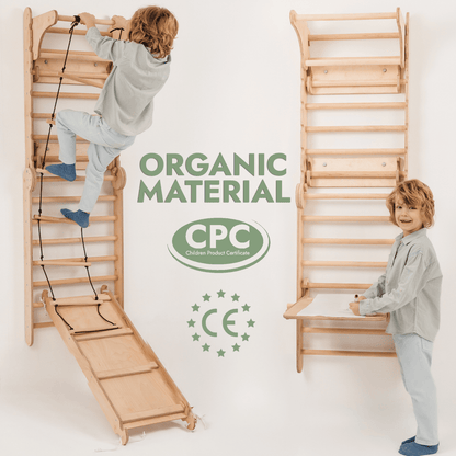 Two wooden Swedish wall climbing ladders for children with slide board and art add-on CPC CE on Tampa Home & Garden Store