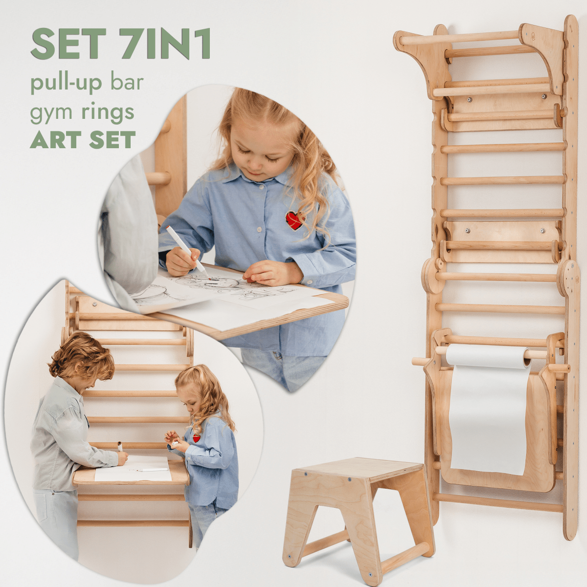 Wooden Swedish wall climbing ladder by Goodevas with natural wood finish and pull-up bar art set on Tampa Home & Garden Store