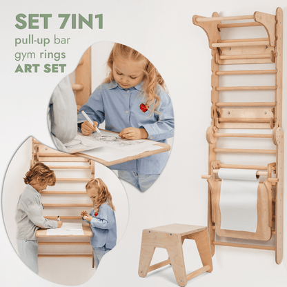 Wooden Swedish wall climbing ladder by Goodevas with natural wood finish and pull-up bar art set on Tampa Home & Garden Store