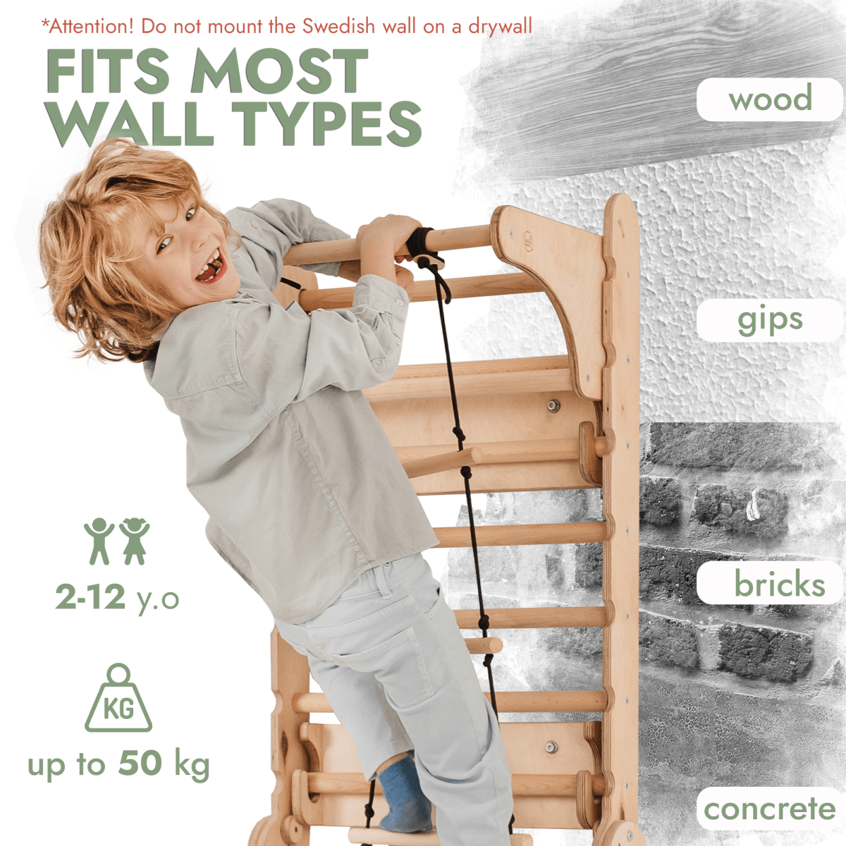 Wooden Swedish wall climbing ladder for children in natural wood finish, 2-12y, up to 50 kg on Tampa Home & Garden Store