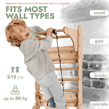 Wooden Swedish wall climbing ladder for children in natural wood finish, 2-12y, up to 50 kg on Tampa Home & Garden Store
