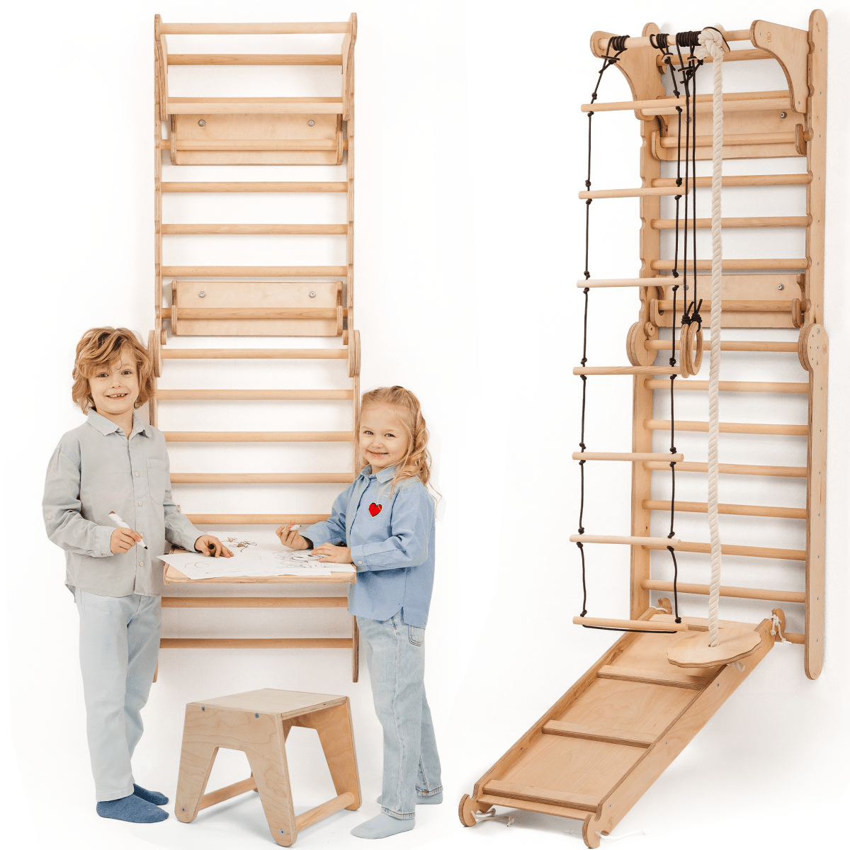Goodevas wooden Swedish wall climbing ladder for kids with rope course and slide board on Tampa Home & Garden Store