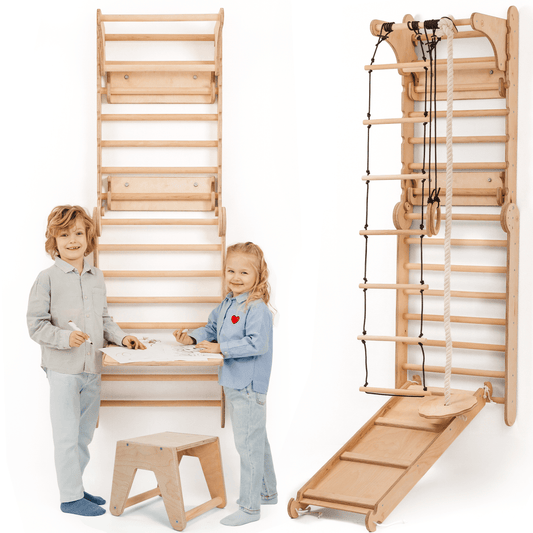 Goodevas wooden Swedish wall climbing ladder for kids with rope course and slide board on Tampa Home & Garden Store