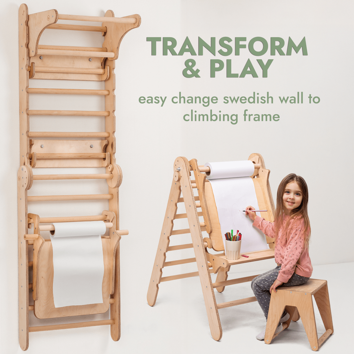 Goodevas two-piece wooden Swedish wall climbing ladder and art easel set for kids on Tampa Home & Garden Store