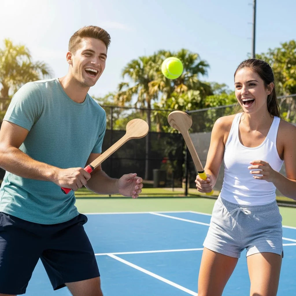 Tennis Swing Trainer EstaliosFit wooden sweet-spot racket used on an outdoor tennis court on Tampa Home & Garden Store