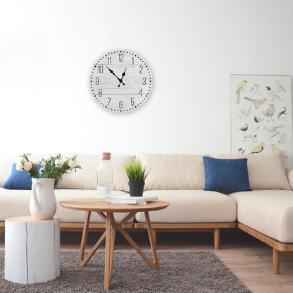 Wooden wall clock 10 inch, whitewashed finish, black numerals and hands, silent quartz on Tampa Home & Garden Store