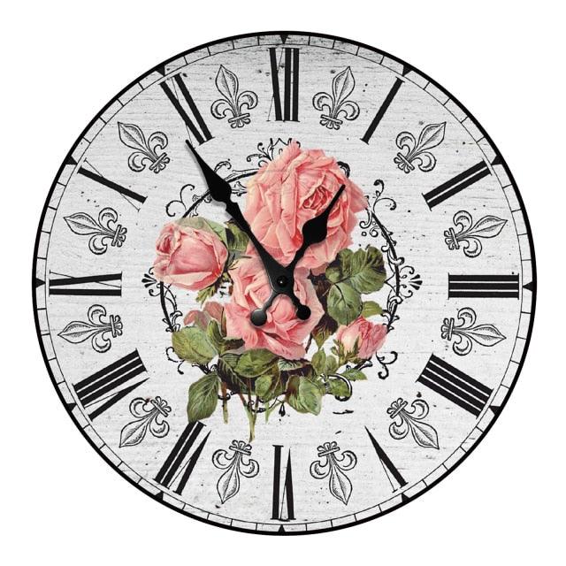 Wooden Wall Clock 10 Inch Silent Quartz with pink roses, vintage Roman numerals Stevvex on Tampa Home & Garden Store