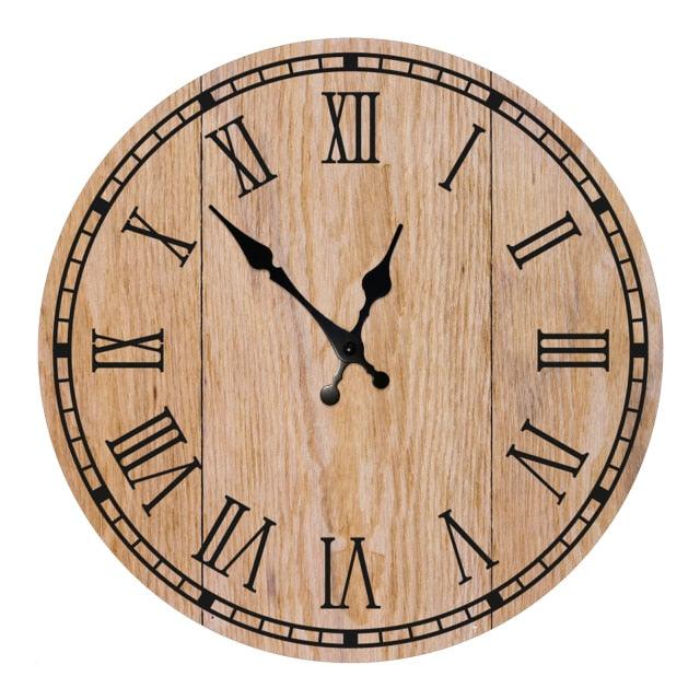 Wooden wall clock, 10 inch diameter, rustic finish with black Roman numerals and hands, Stevvex on Tampa Home & Garden Store