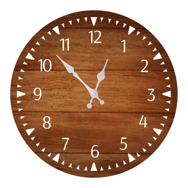 Wooden round wall clock with brown wood grain, white numerals and white hands, 10 inch decorative timepiece on Tampa Home & Garden Store