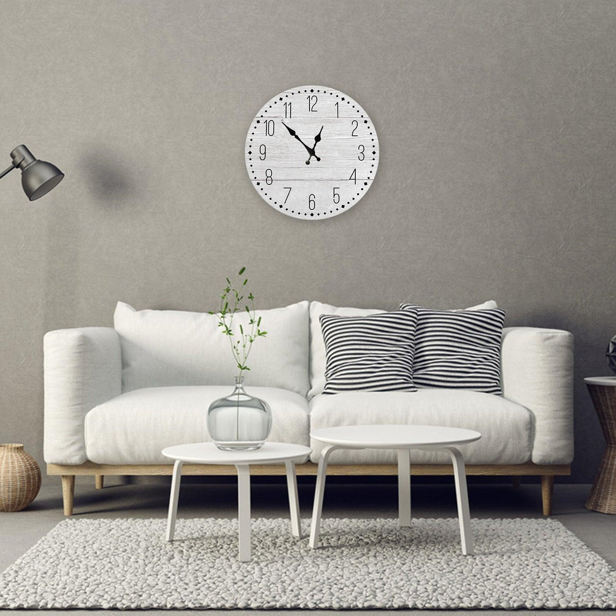 Stevvex Wooden Wall Clock 10 Inch Silent Non-Ticking Quartz, whitewashed rustic wood with bold black numerals on Tampa Home & Garden Store