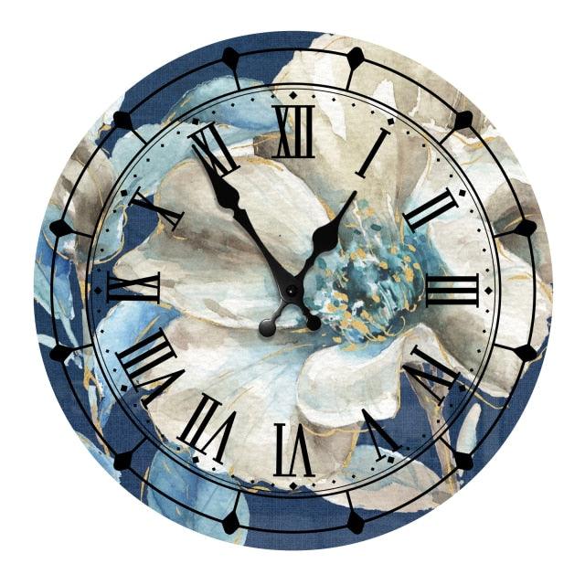 Stevvex wooden wall clock 10 inch silent quartz with blue floral design and Roman numerals on Tampa Home & Garden Store